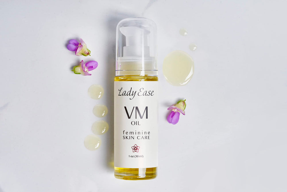 Serene bathroom scene featuring Lady Ease oil for daily comfort.
