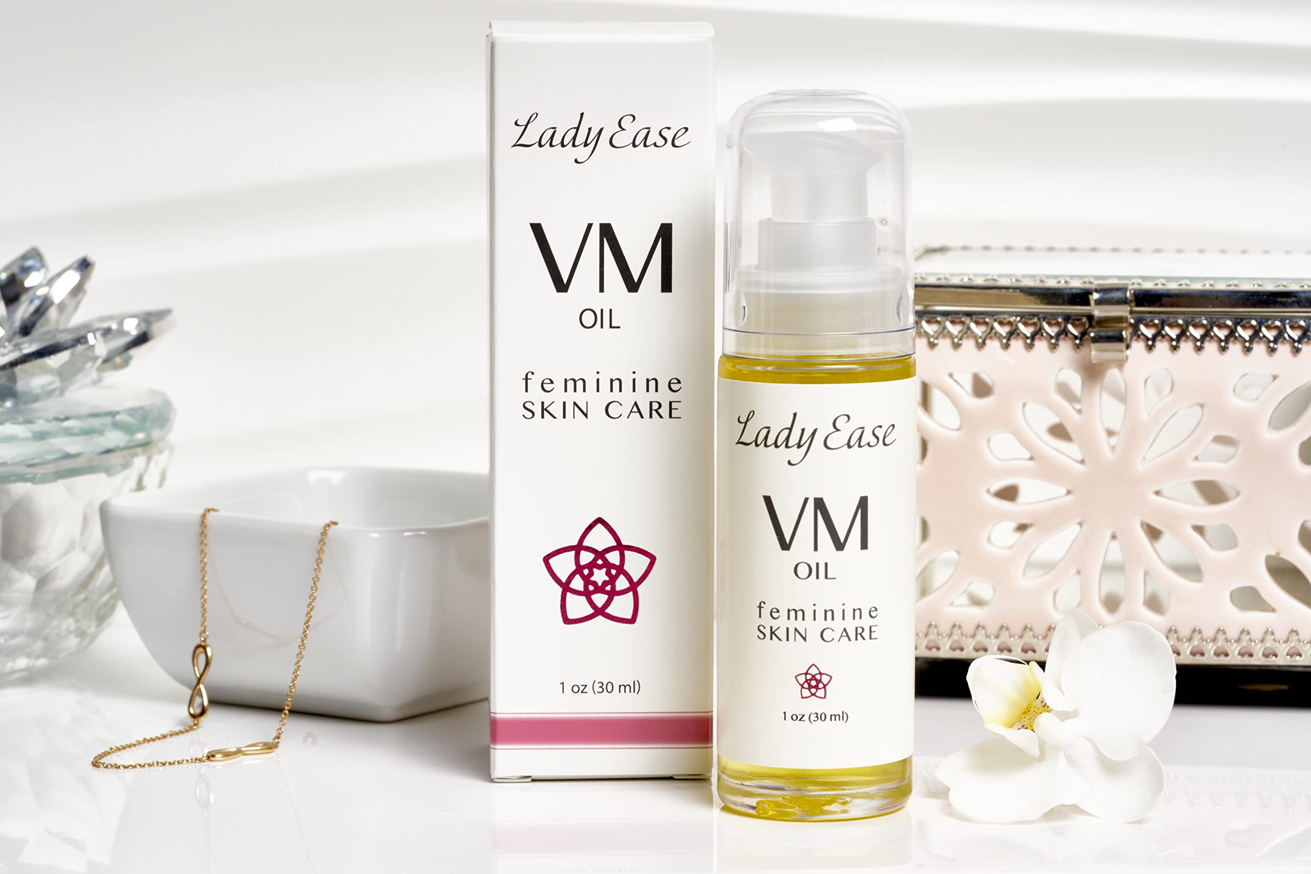 One-ounce travel-size Lady Ease Vaginal Oil for discreet use.