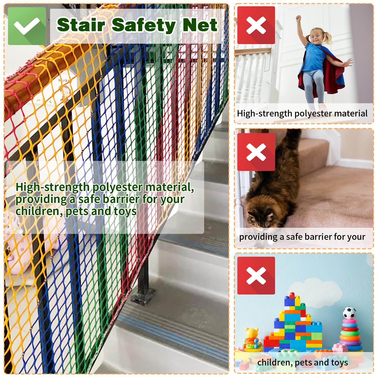 LAKNUAL safety rope netting for balcony rails keeps pets secure and toys in reach.