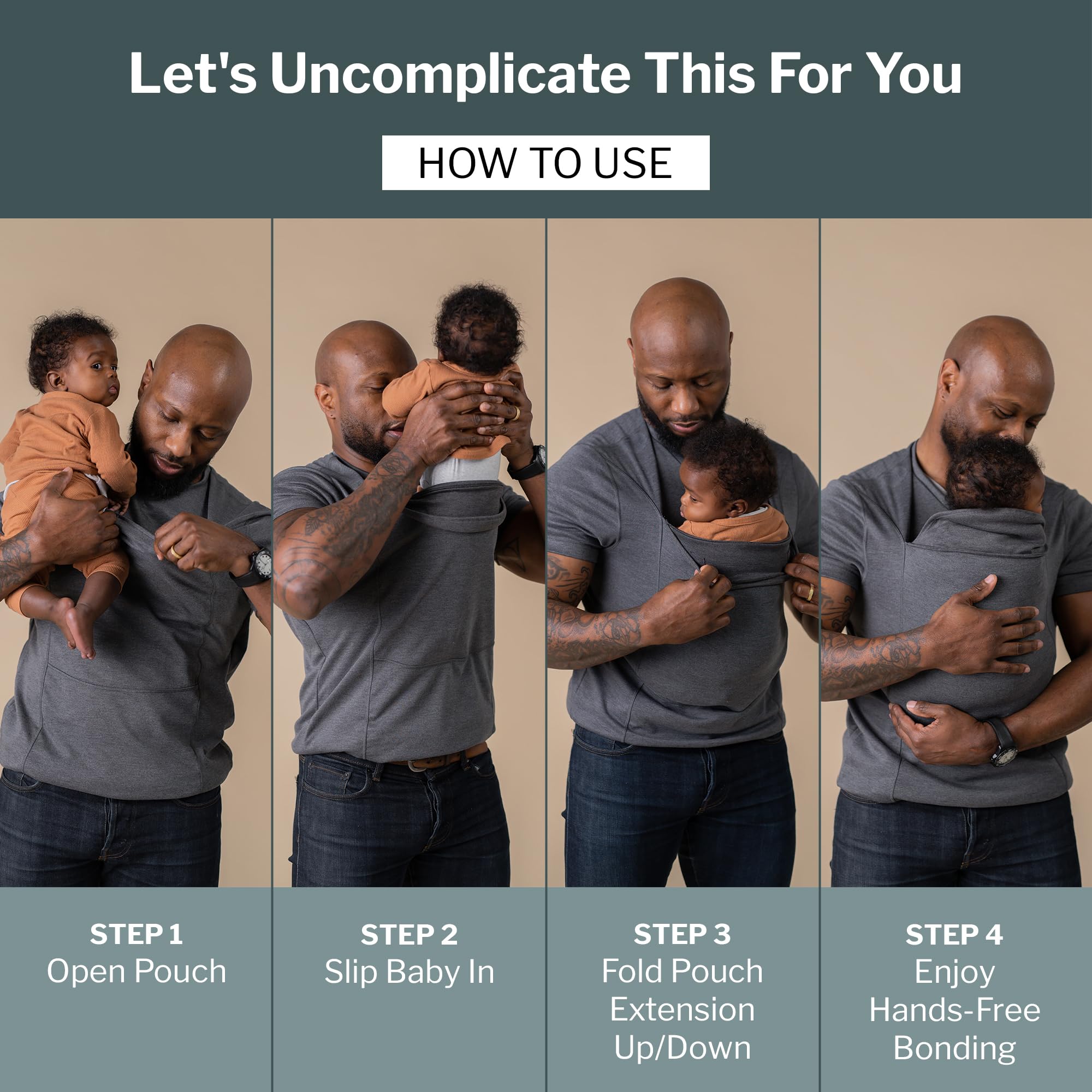 Lalabu Dad Shirt with baby in pouch, emphasizing heartbeat bonding.