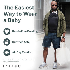 Lalabu Dad Shirt with baby in pouch emphasizes easy bonding moments.