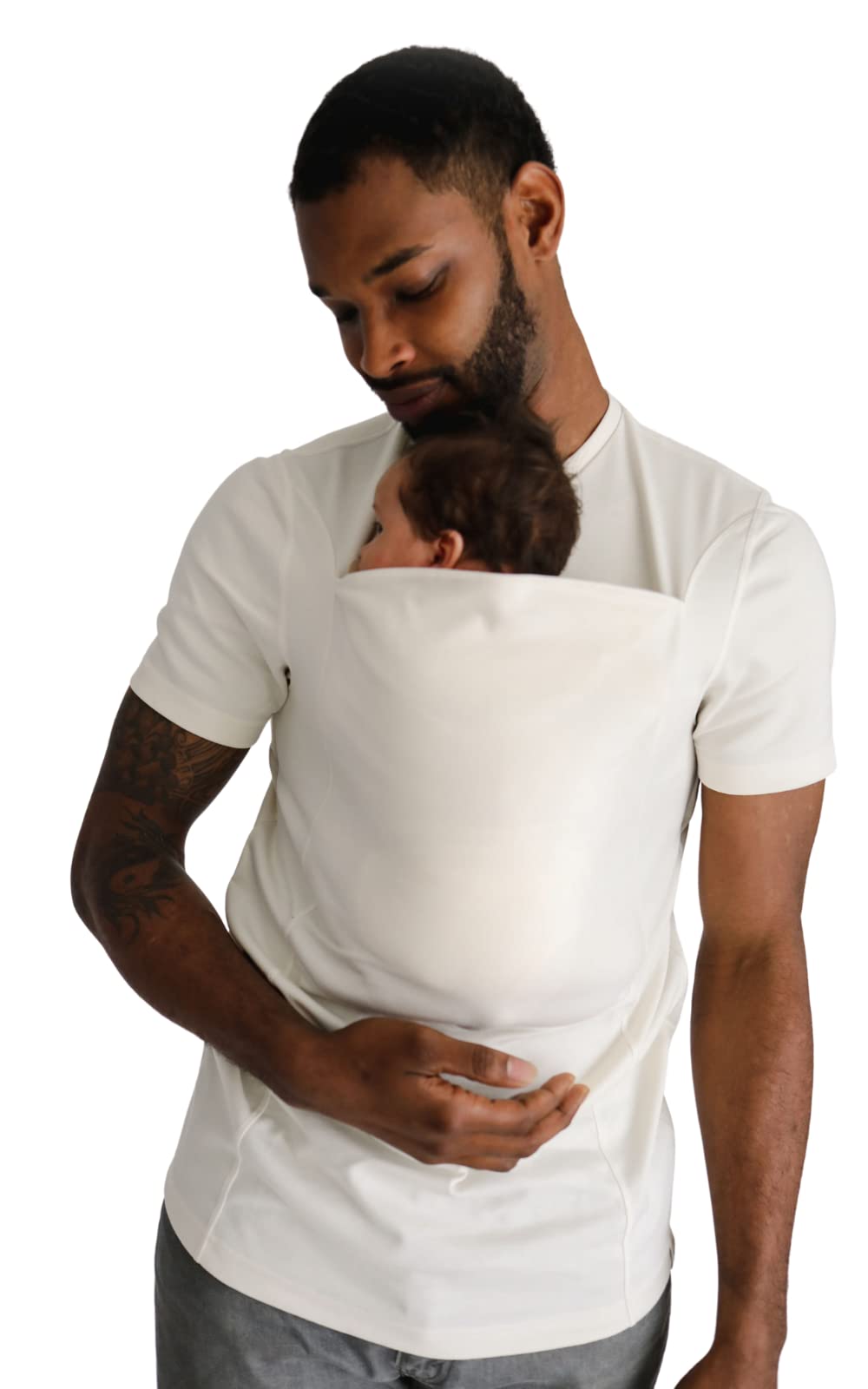 Lalabu Dad Shirt front view showing hands-free bonding with newborn
