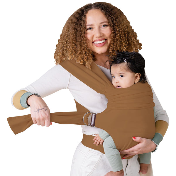 Lalabu Simple Wrap camel worn on caregiver's shoulder for comfortable daily use.
