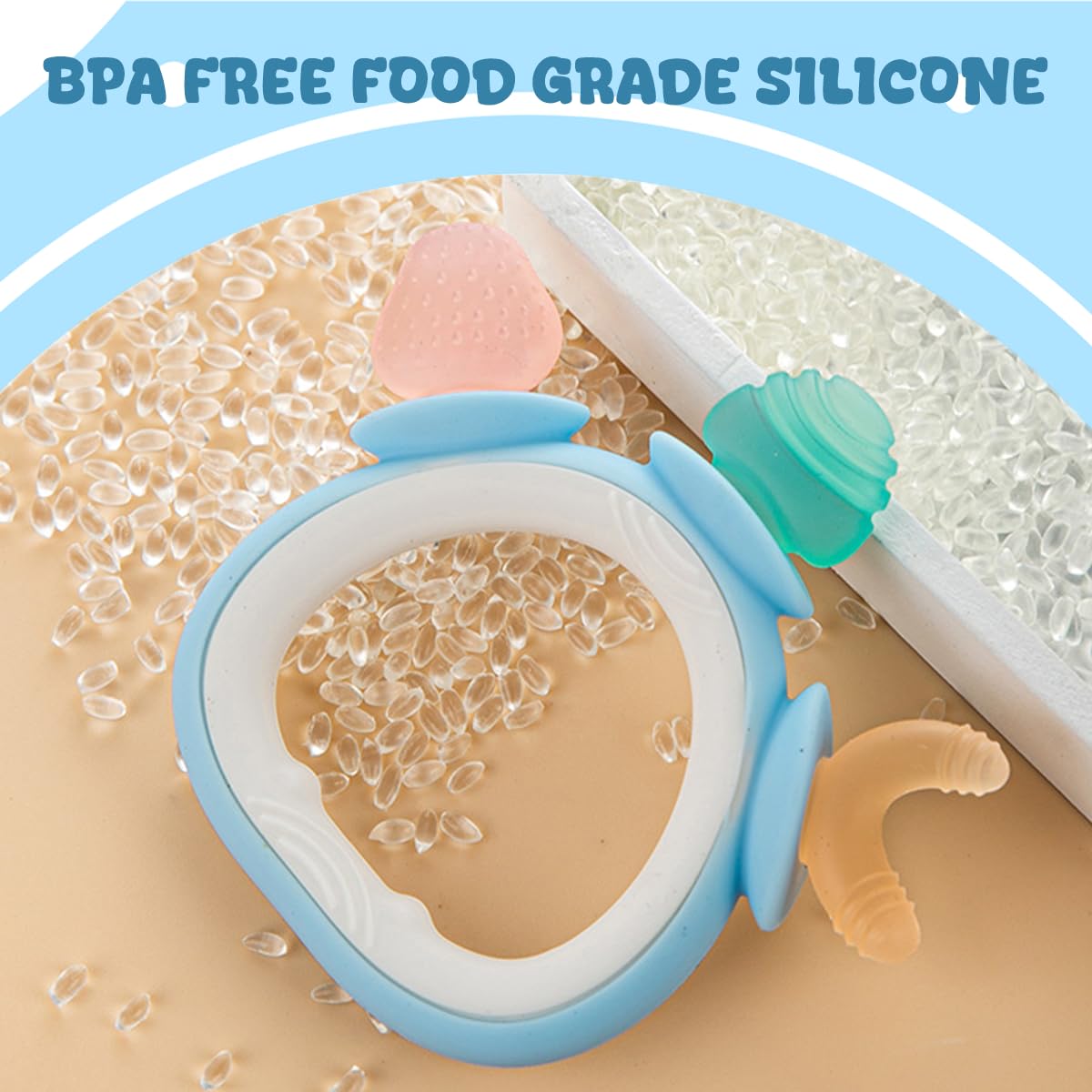 LalaDream teether held by infant showing ergonomic grip for tiny hands