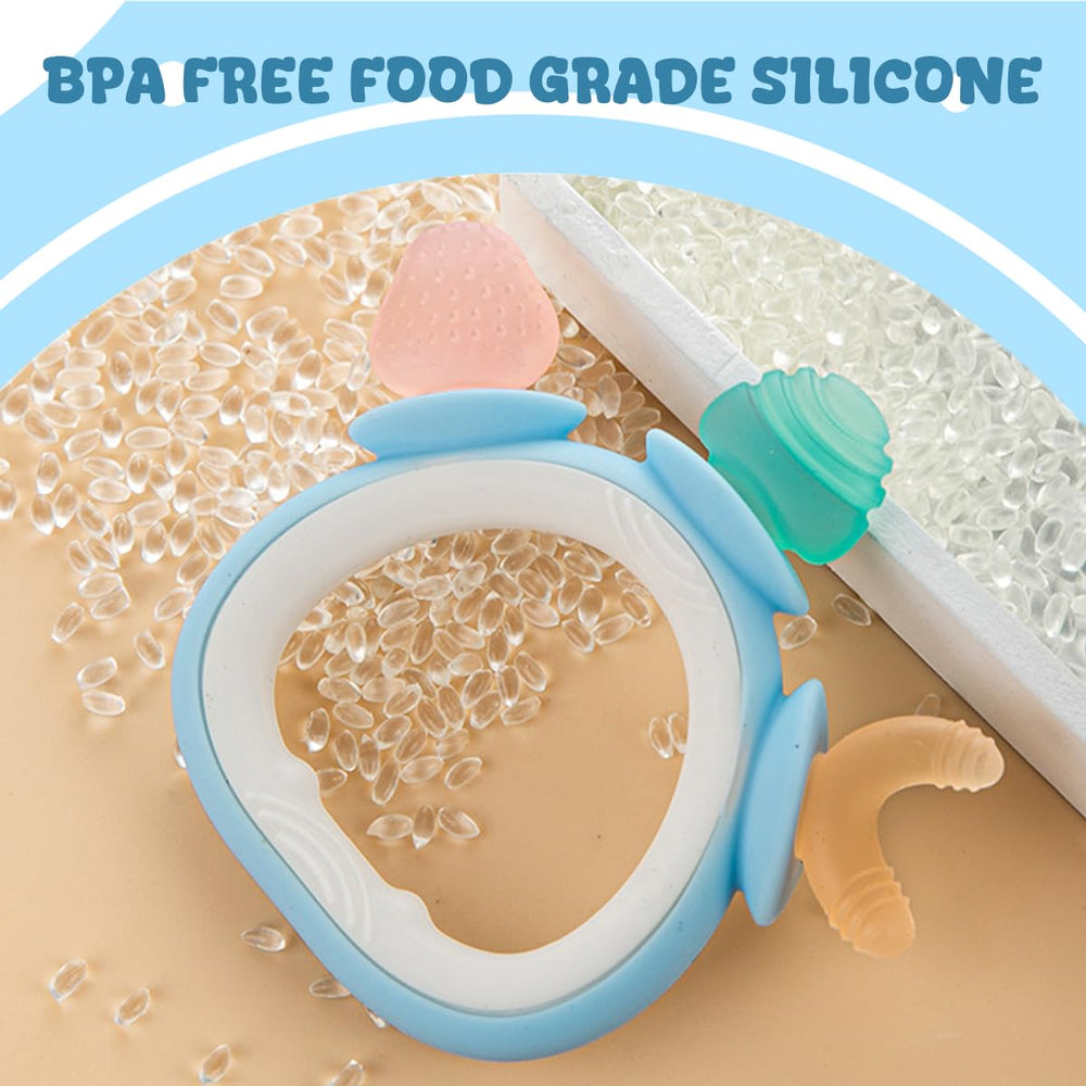 LalaDream teether held by infant showing ergonomic grip for tiny hands