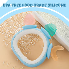 LalaDream teether held by infant showing ergonomic grip for tiny hands