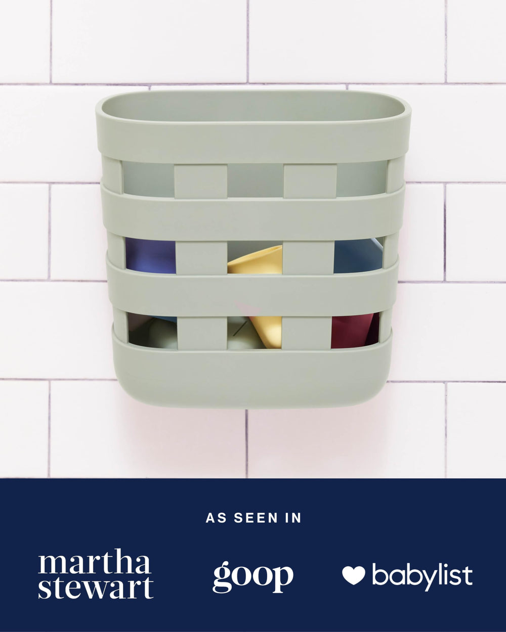Lalo Bath Time Storage Bin acts as a compact bathroom organizer in any space.