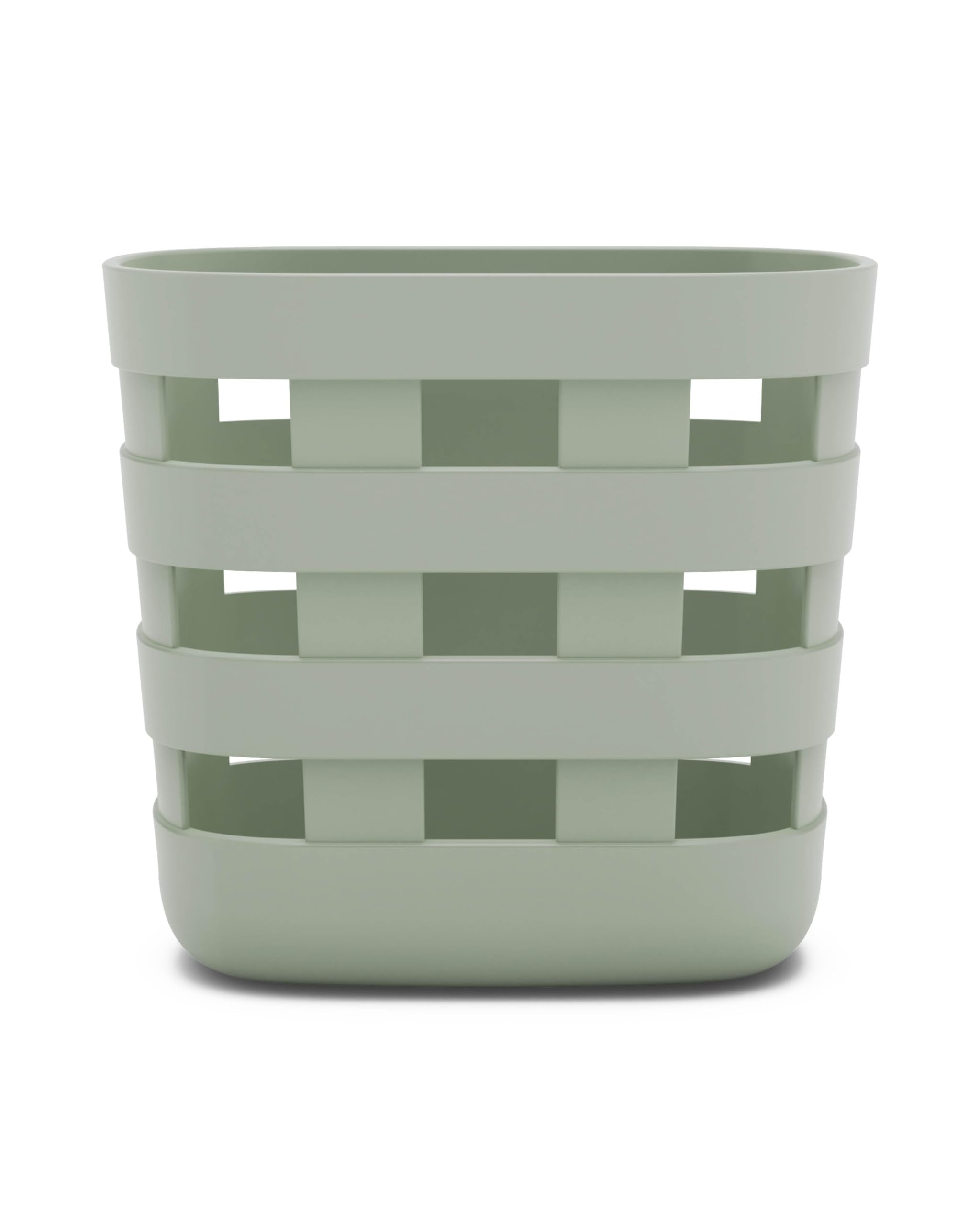 Lalo Bath Time Storage Bin in sage with closed setup for neat bathroom organization.