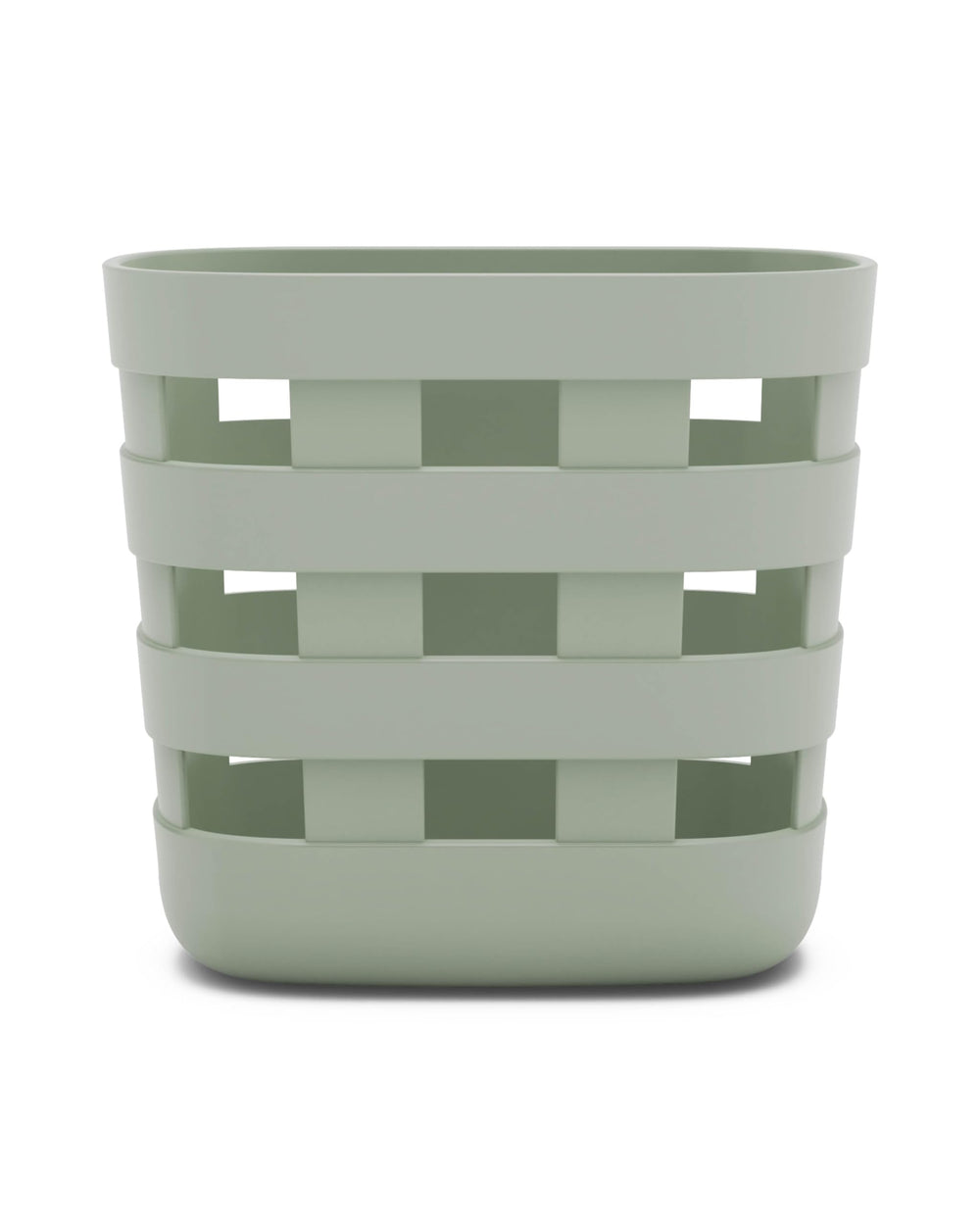 Lalo Bath Time Storage Bin in sage with closed setup for neat bathroom organization.