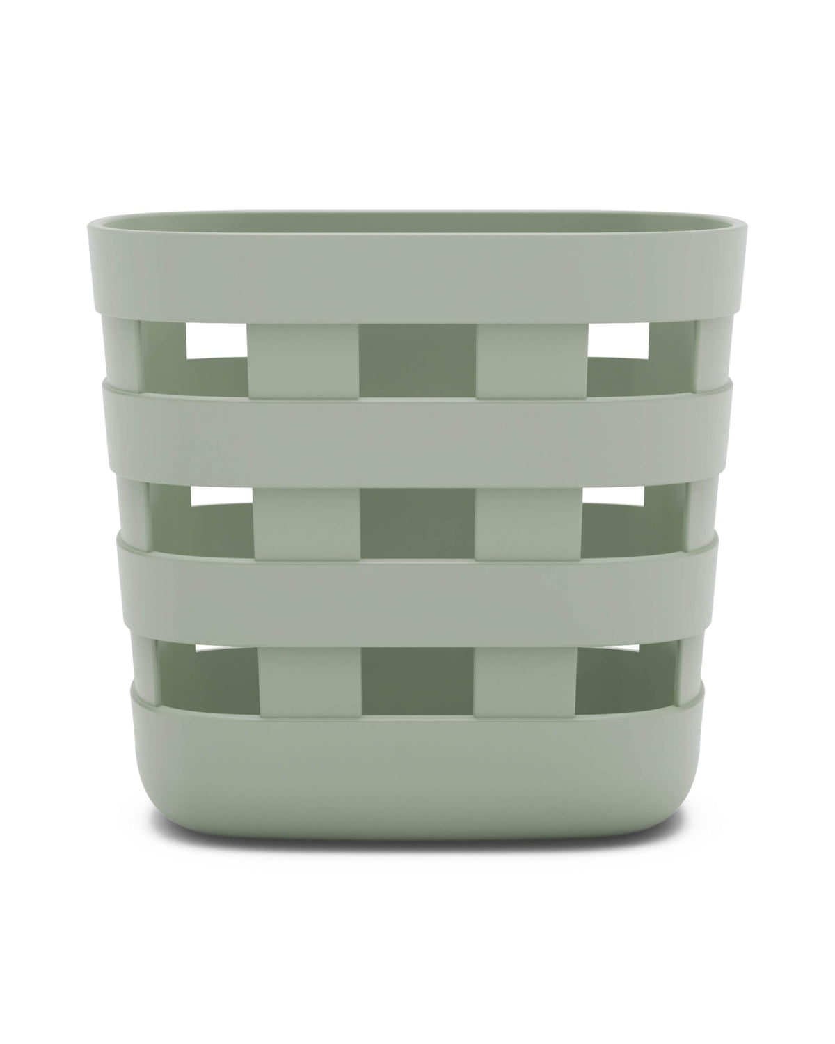 Lalo Bath Time Storage Bin in sage with closed setup for neat bathroom organization.