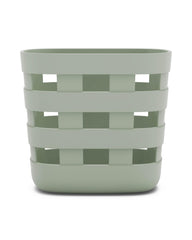 Lalo Bath Time Storage Bin in sage with closed setup for neat bathroom organization.