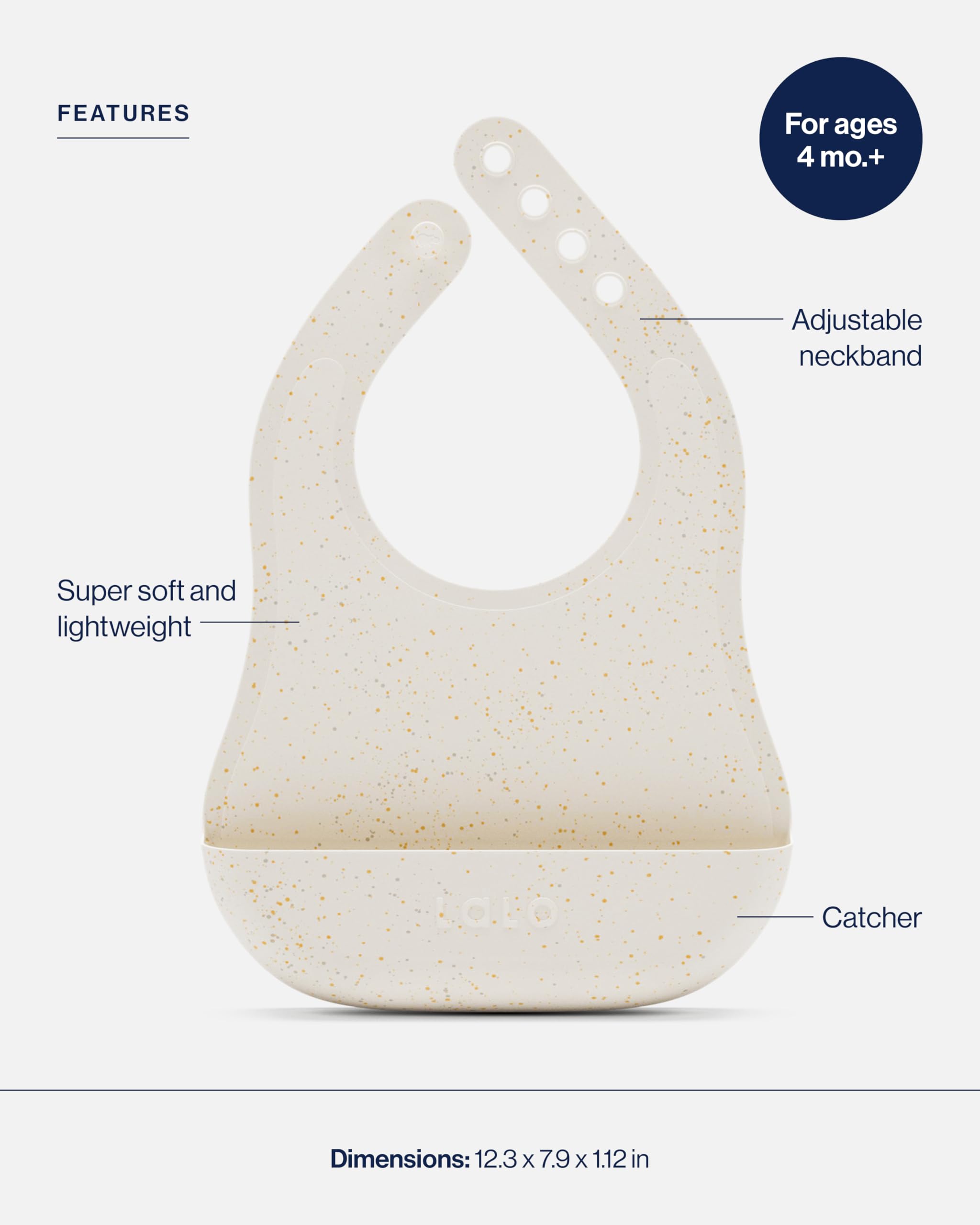 Lalo bib features silicone food pouch for catching spills.