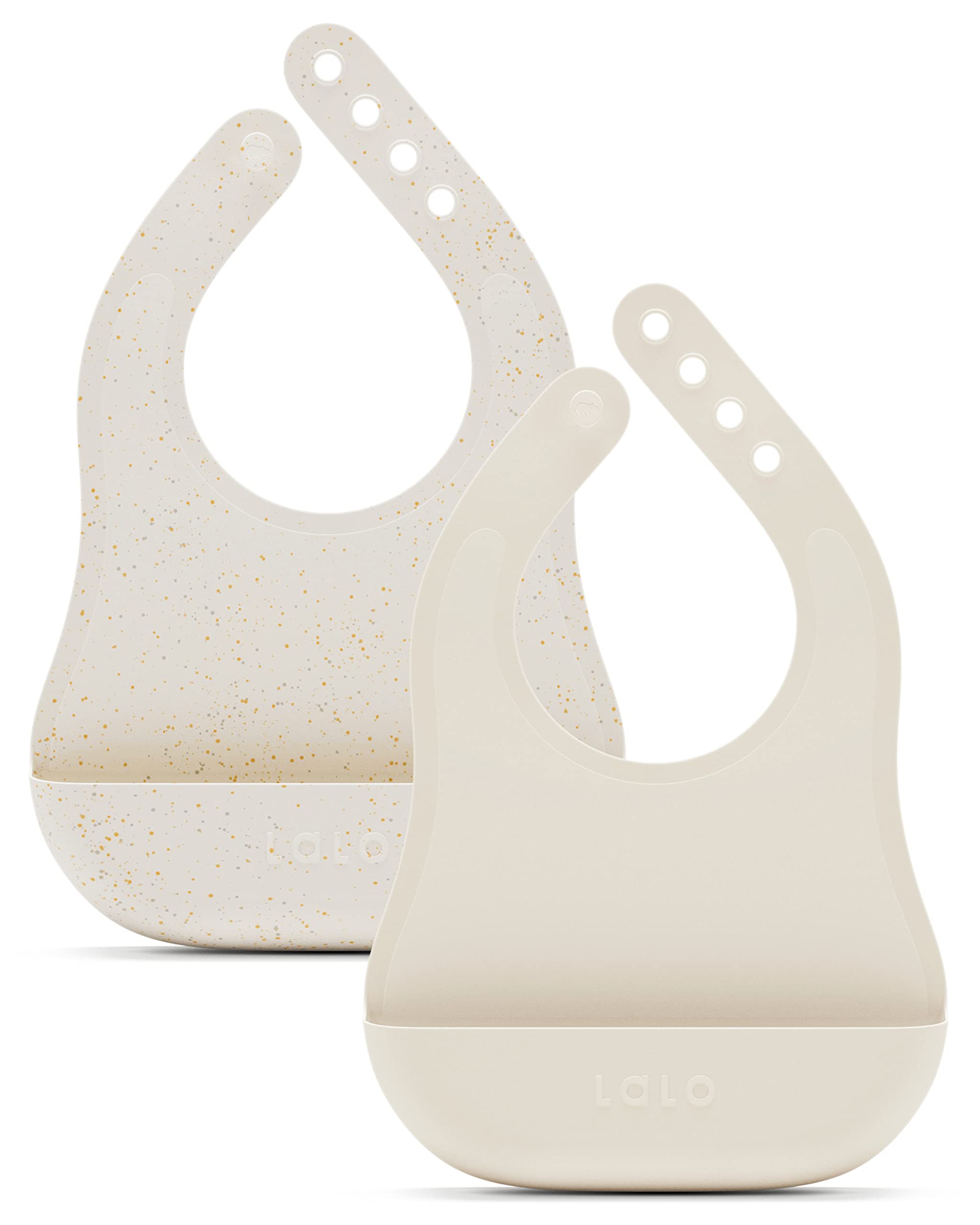 Lalo bib worn by baby showing waterproof silicone surface for mess-free meals.