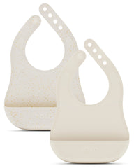 Lalo bib worn by baby showing waterproof silicone surface for mess-free meals.