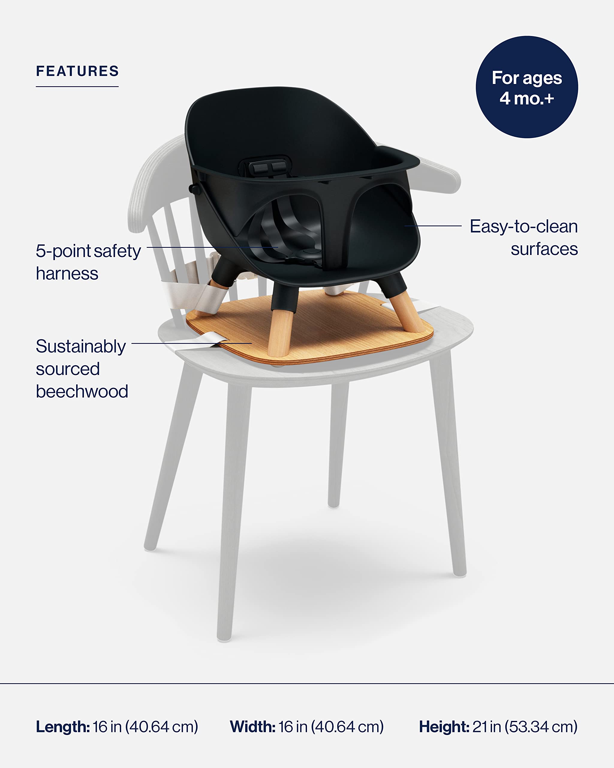 Lalo booster seat attached to a dining chair for quick, stable setup.