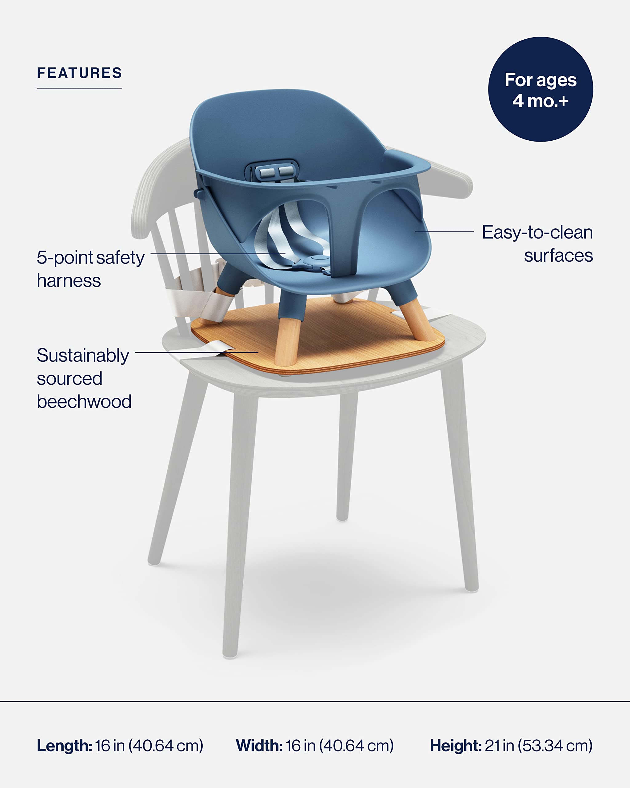 Lalo booster seat blueberry features easy-clean surfaces and machine-washable straps
