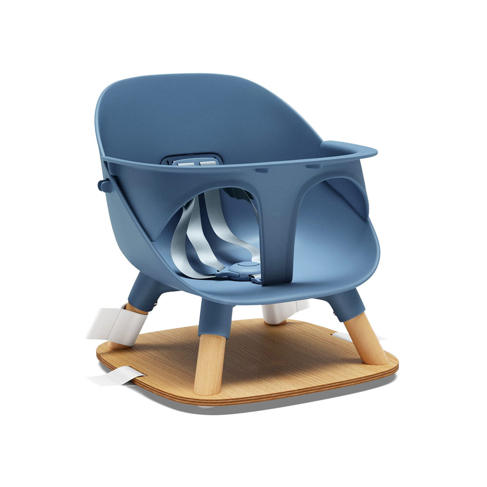 Lalo booster seat blueberry secured to chair with five-point harness for safe family meals