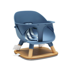 Lalo booster seat blueberry secured to chair with five-point harness for safe family meals