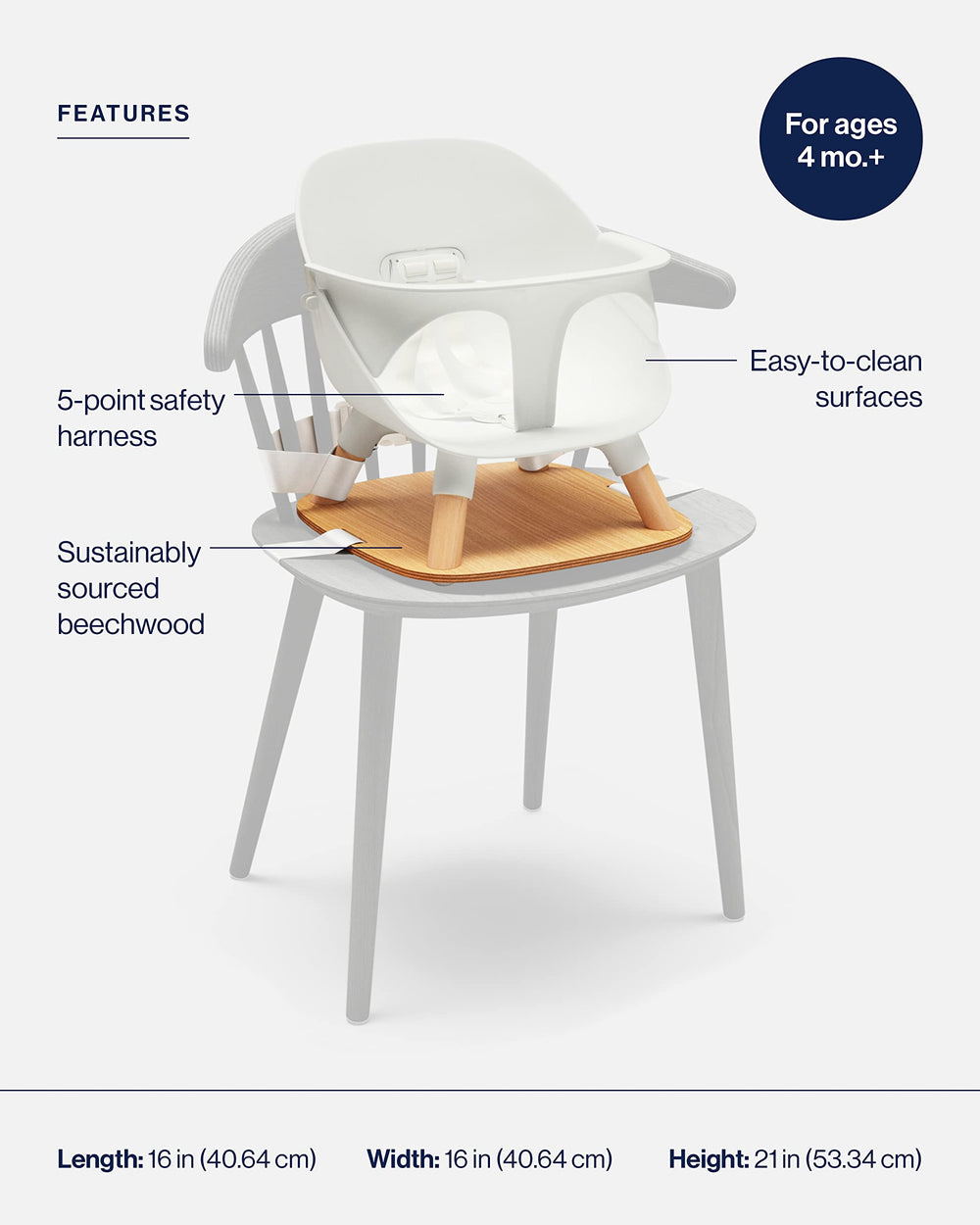 Lalo Booster Seat Coconut attachment fits most chairs for easy setup.