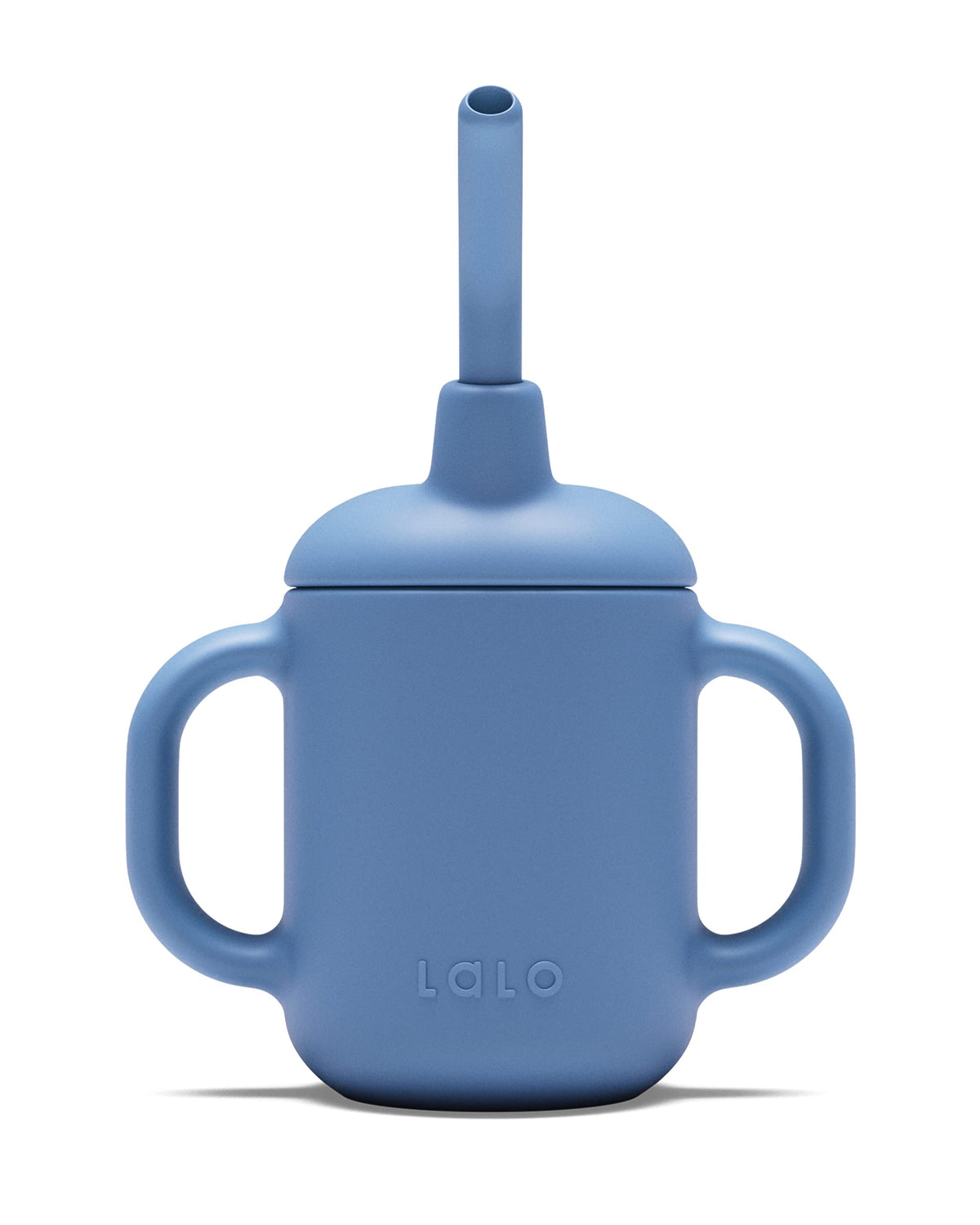 Lalo Little Cup blueberry with easy-grip handle for tiny hands.