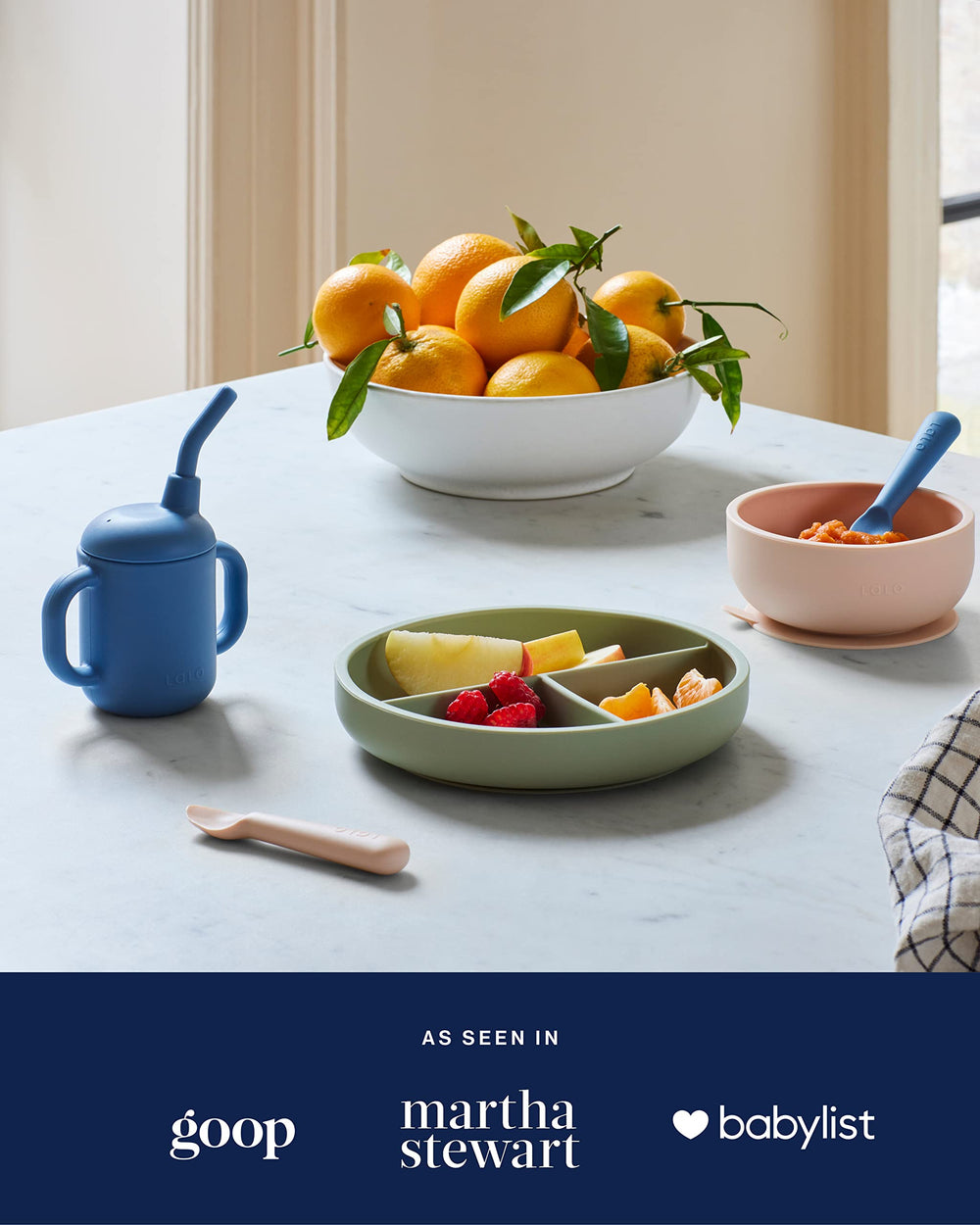 Lalo Little Cup blueberry BPA-free silicone for safe everyday use.