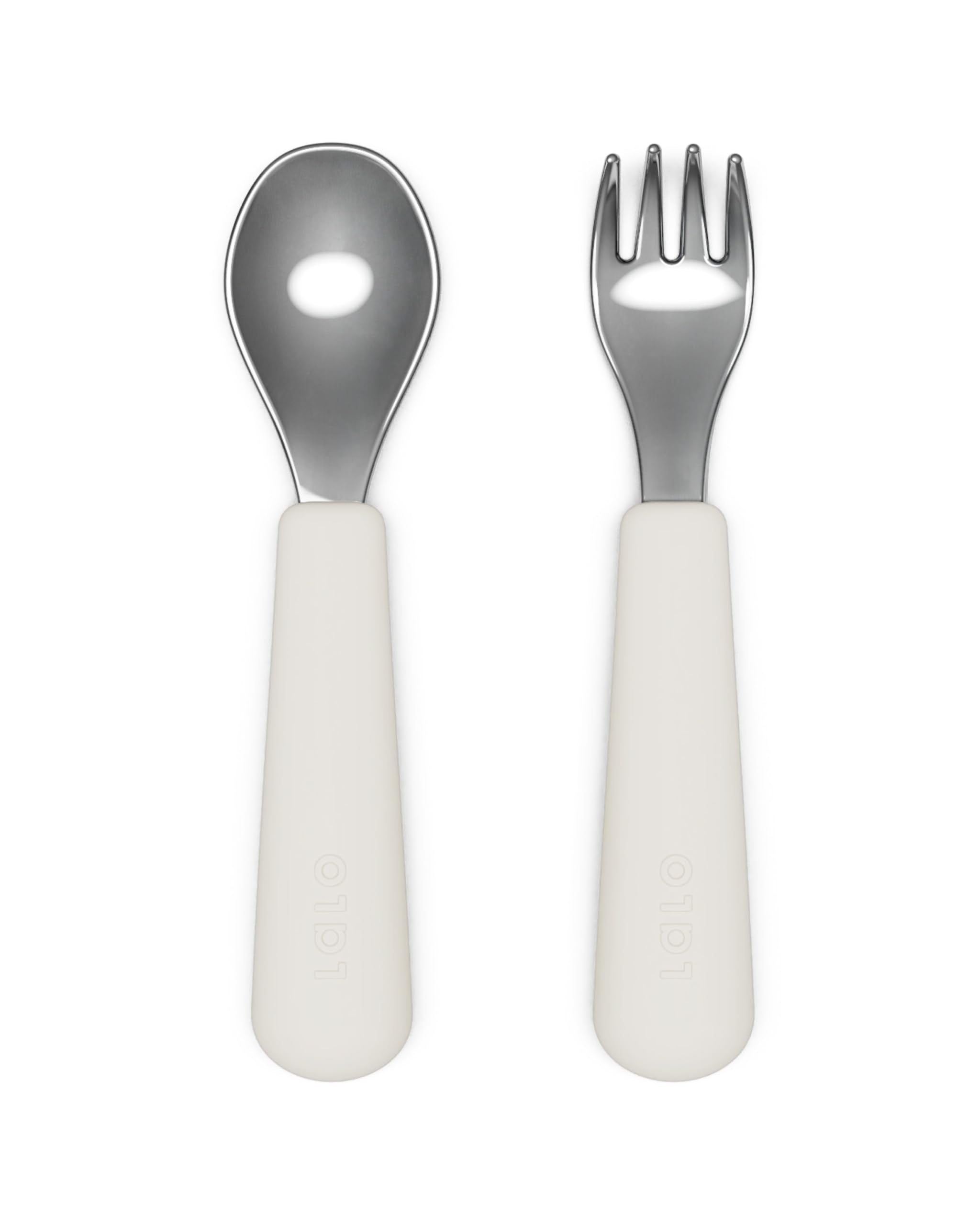 Lalo Toddler Utensils fork with ergonomic grip for easier self-feeding.