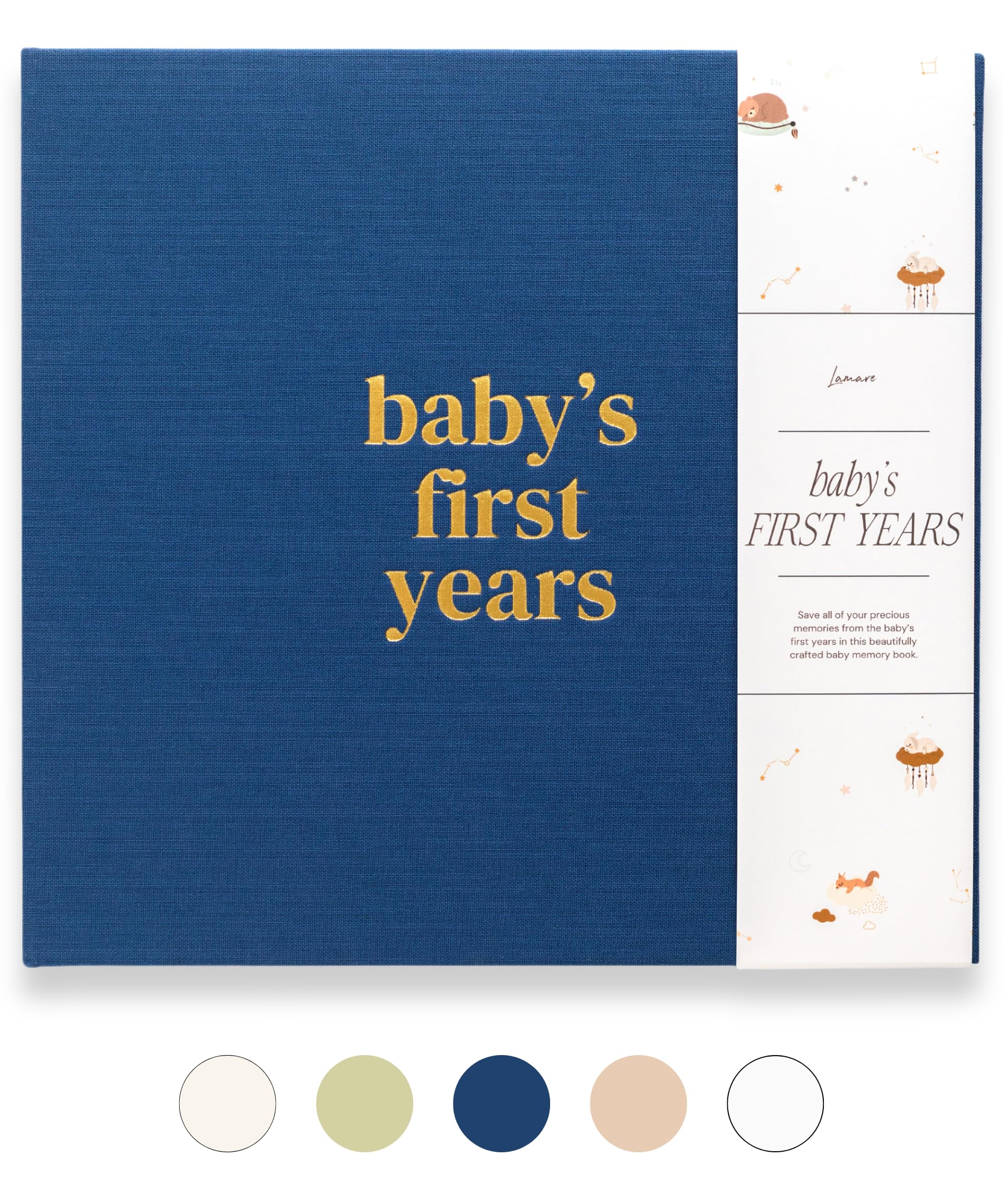 Lamare Baby First Year Book cover, durable linen keepsake for memories.