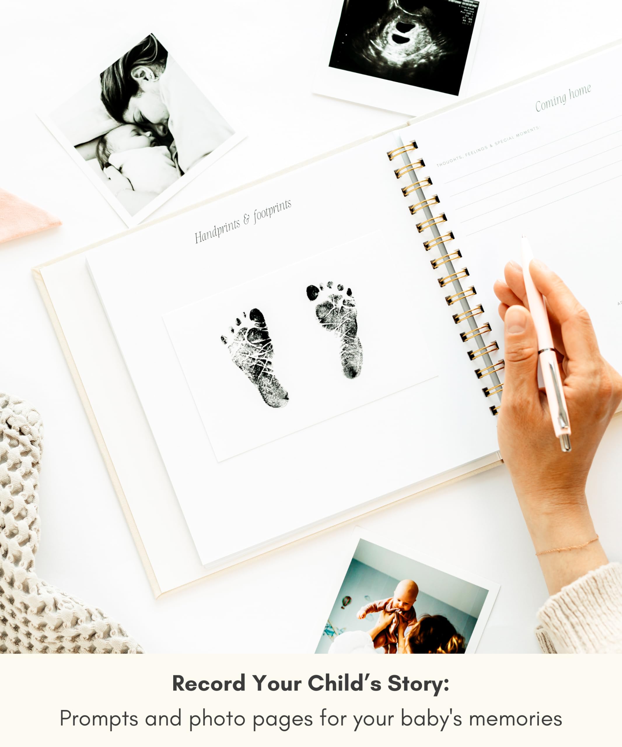 Lamare Baby First Year Book handprint pocket for tiny keepsakes.