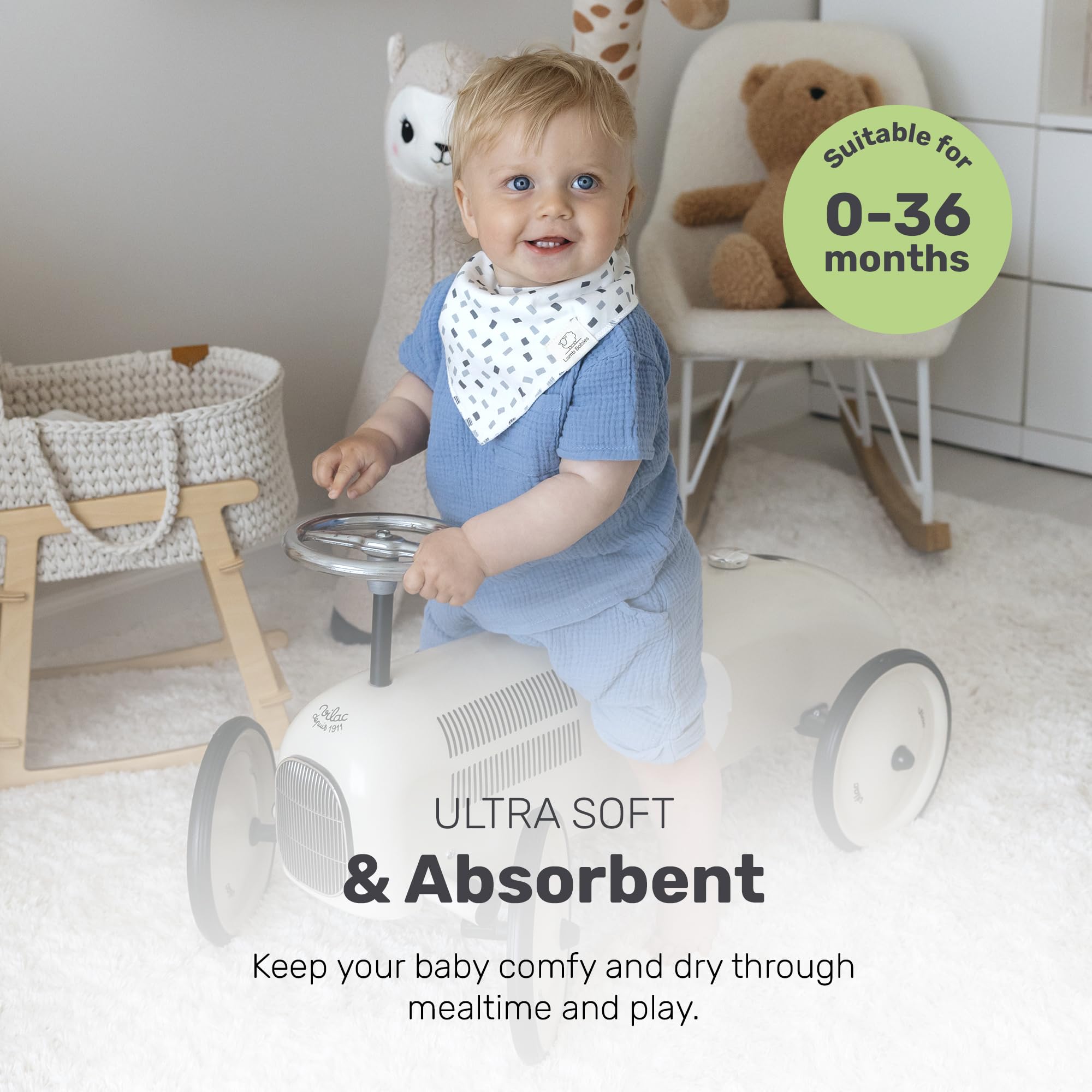 Lamb Babies bandana bib absorbs milk spills for quick cleanup.