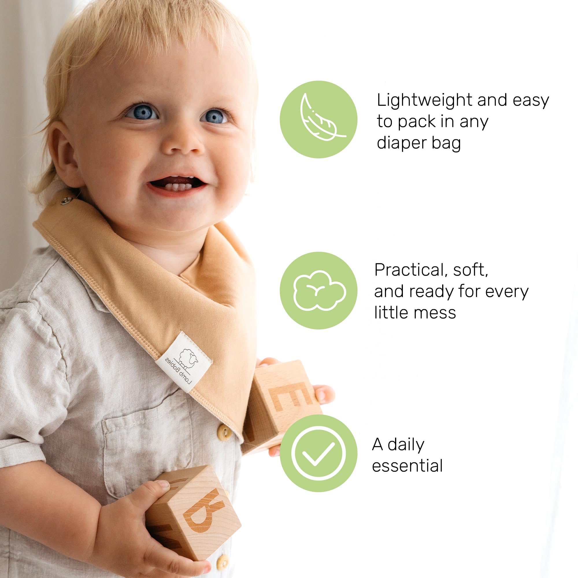 Lamb Babies Bandana Bib is travel-friendly and folds flat for diaper bags