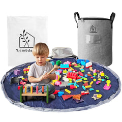 Lambdano portable toy storage basket with leather handles keeps toys organized and easy to carry.