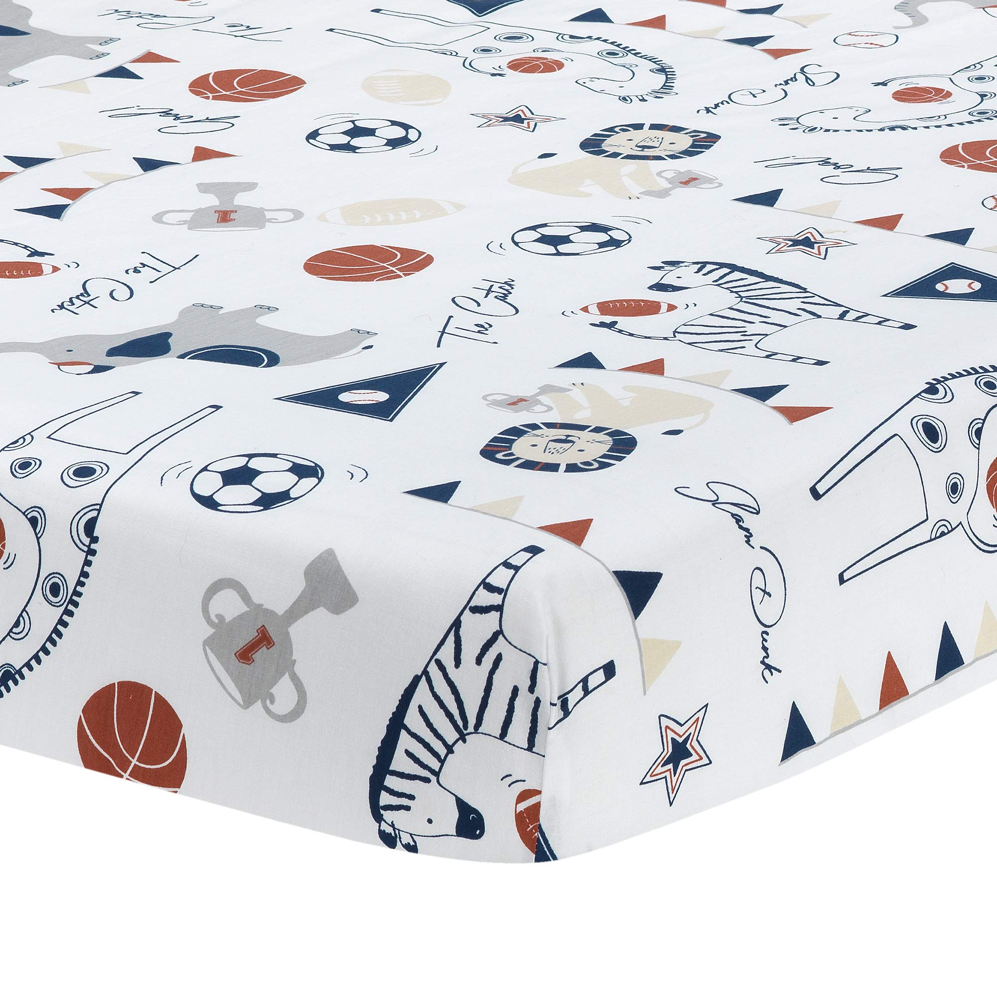 Lambs & Ivy Hall of Fame crib sheet pattern with sporty animal graphics for baby comfort