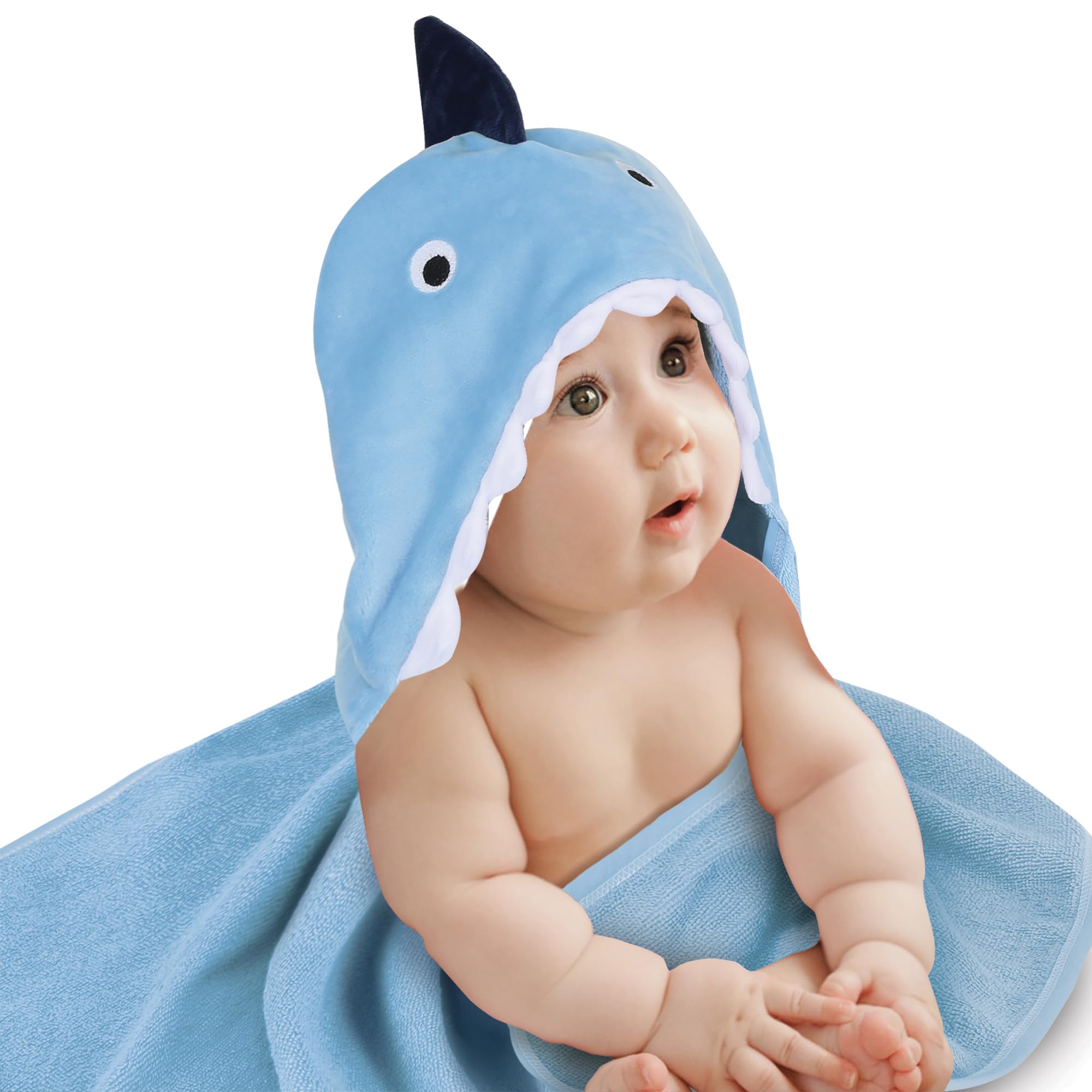 Lambs and Ivy shark hooded towel front view for warm after-bath comfort.