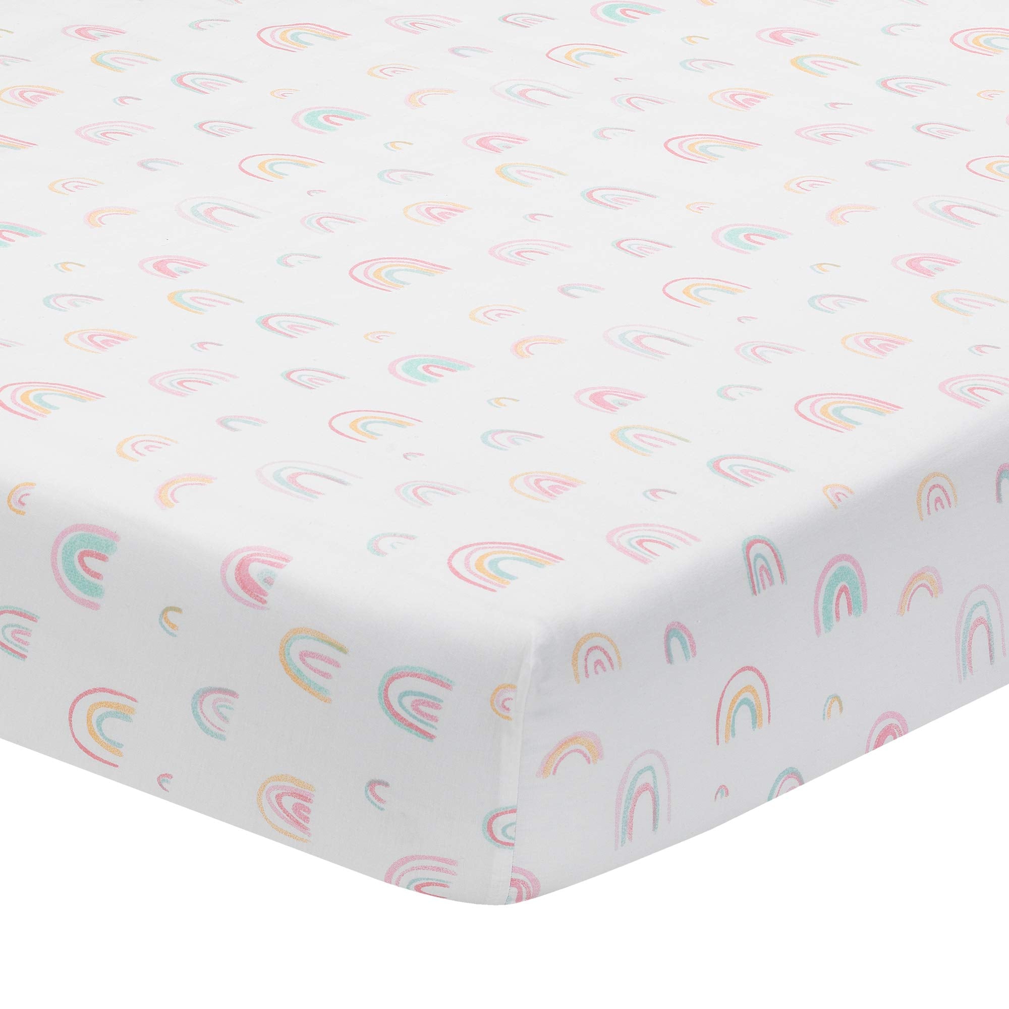 Lambs and Ivy watercolor rainbow crib sheet with soft pastels for a cozy nursery.