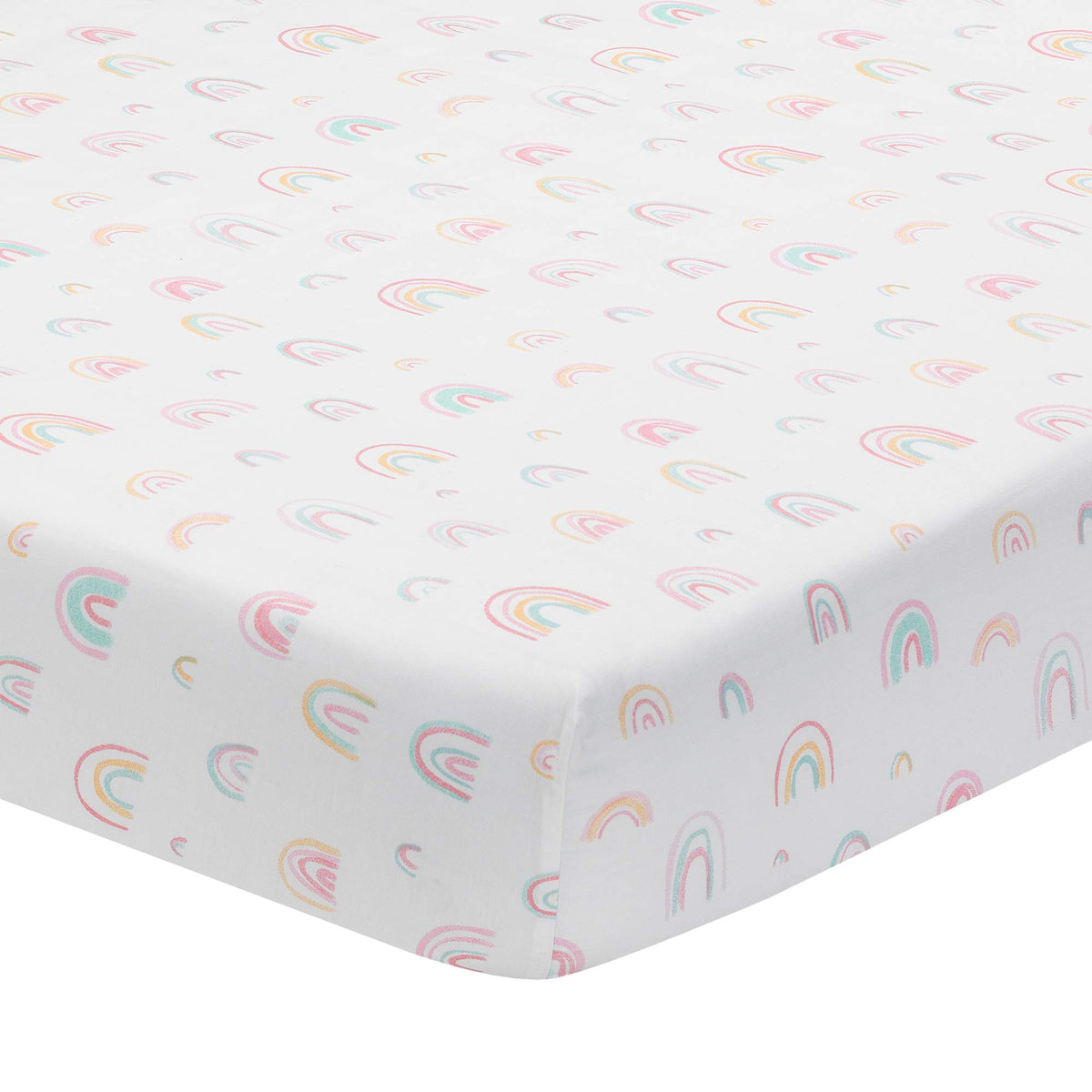 Lambs and Ivy watercolor rainbow crib sheet with soft pastels for a cozy nursery.