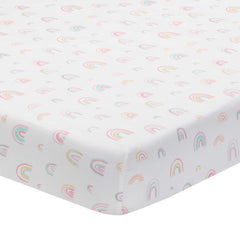 Lambs and Ivy watercolor rainbow crib sheet with soft pastels for a cozy nursery.