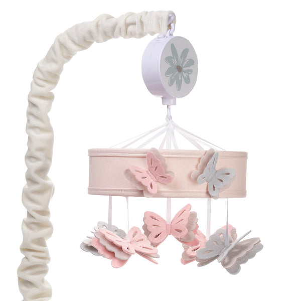 Lambs & Ivy Baby Blooms pink butterfly mobile spins softly to entertain baby.