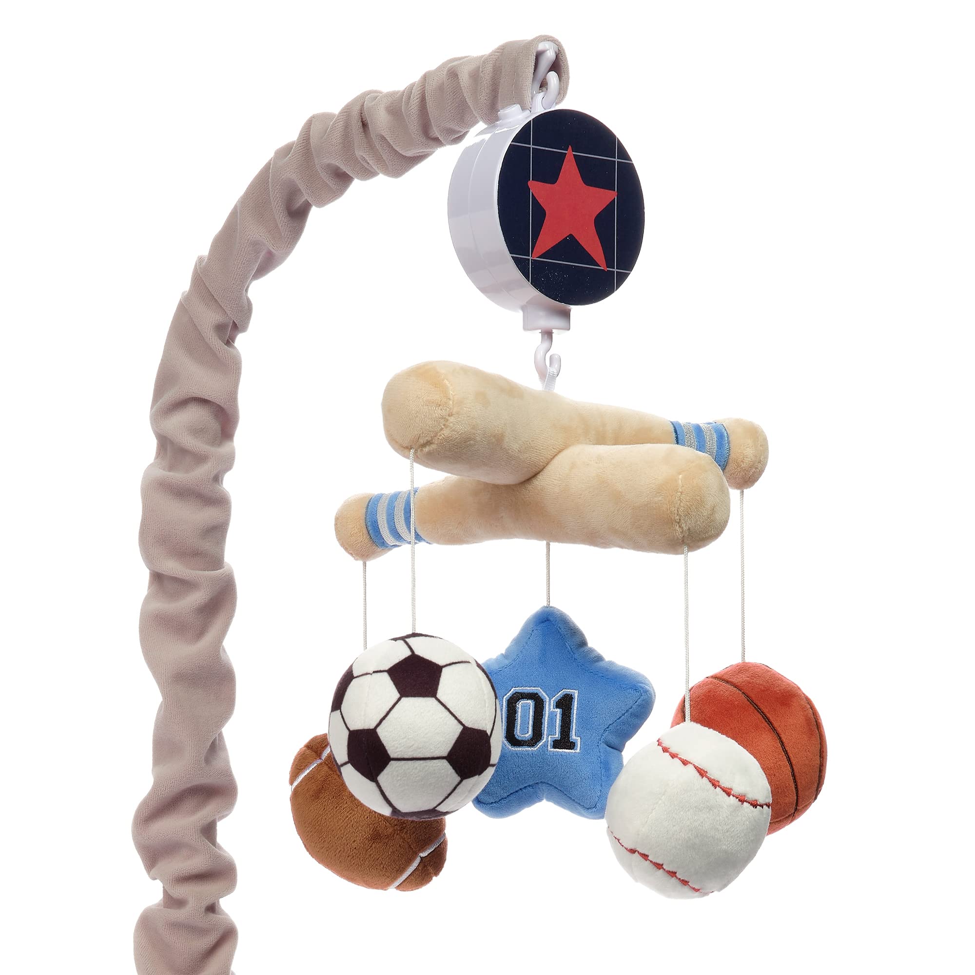 Lambs & Ivy mobile with baseball bat crossbars for visual engagement.