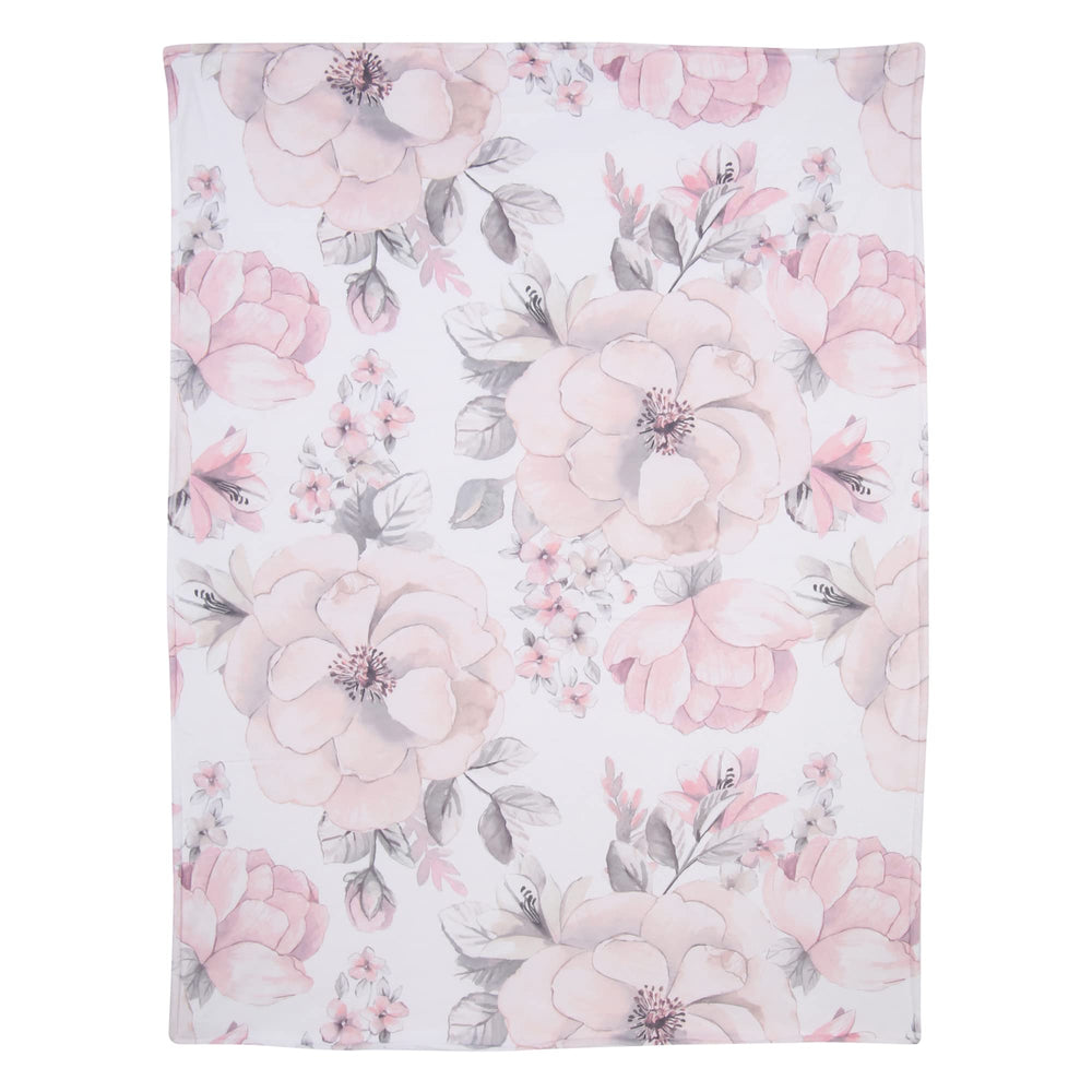 Lambs & Ivy blanket shows pink watercolor florals on a 30x40 size