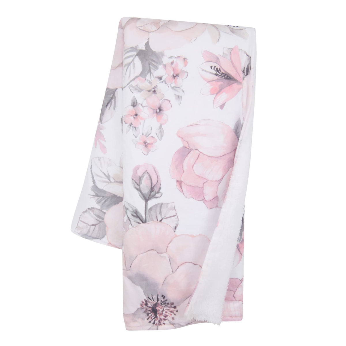 Lambs & Ivy botanical baby blanket with pink watercolor florals on a plush front