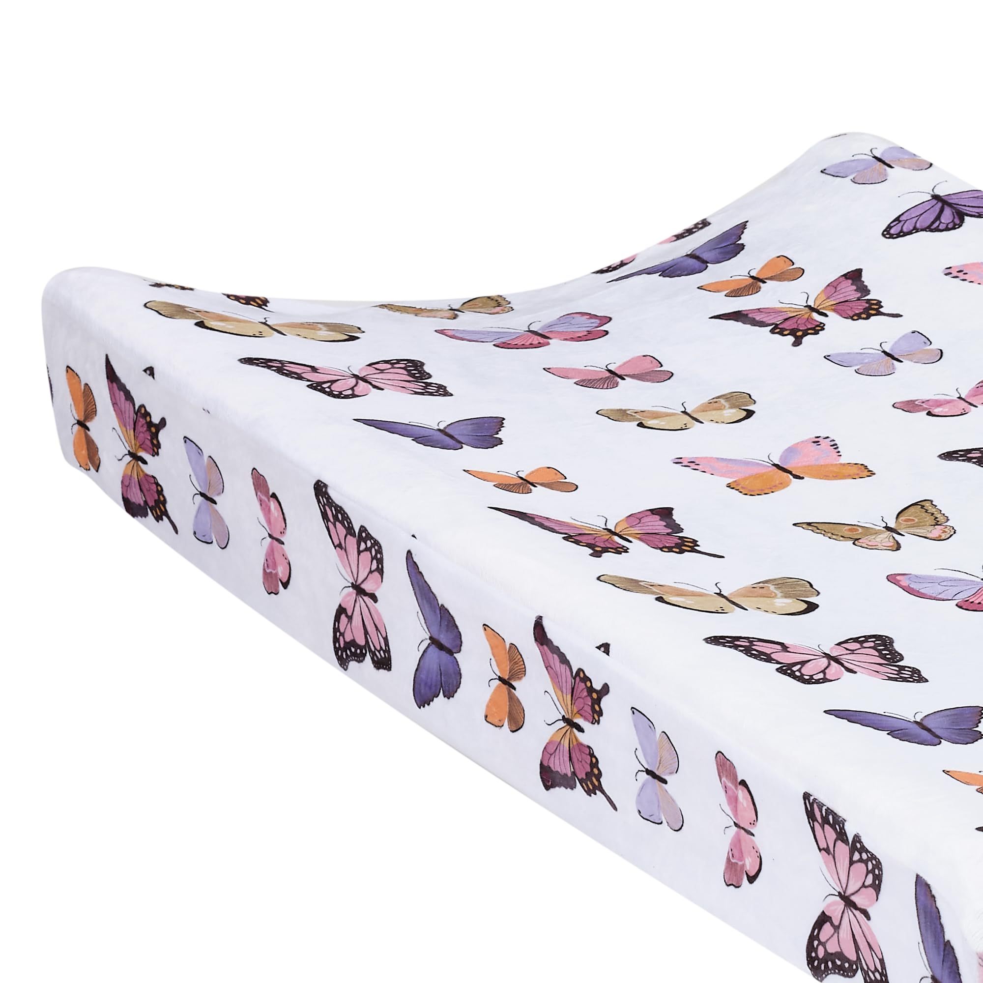 Lambs & Ivy Butterfly Dreams elastic sides secure on standard changing pads for snug fit.
