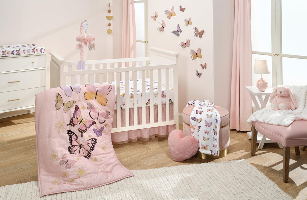 Lambs & Ivy Butterfly Dreams machine washable cover for easy nursery care.