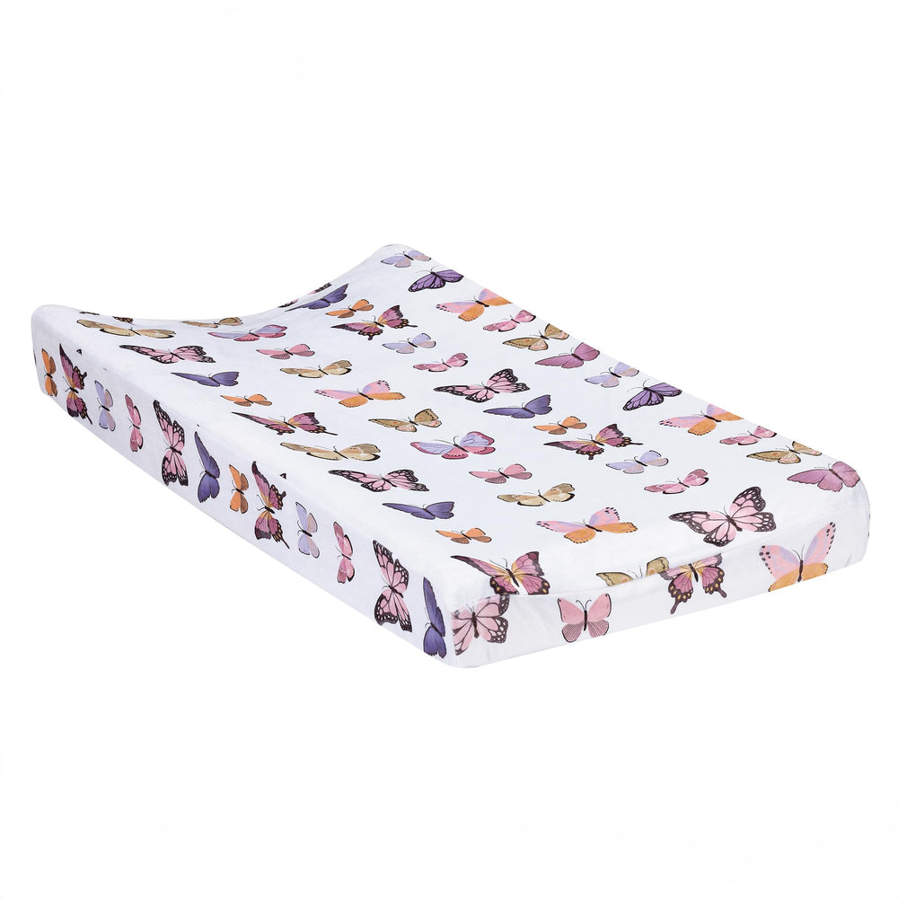 Lambs & Ivy Butterfly Dreams cover with soft-minky white ground for warm diaper changes.