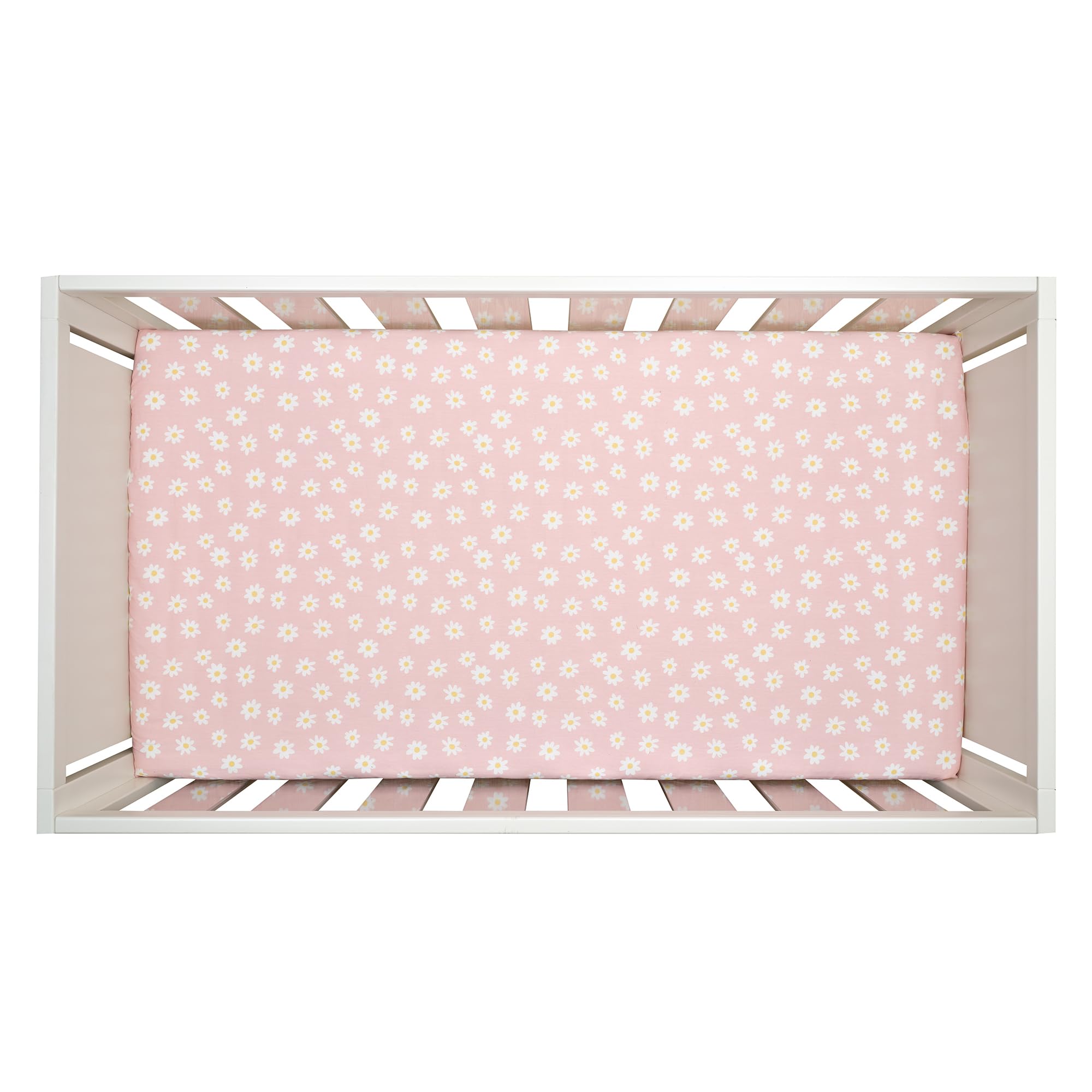 Lambs & Ivy Daisy Dreams elastic-fit sheet stays snug on crib mattresses.