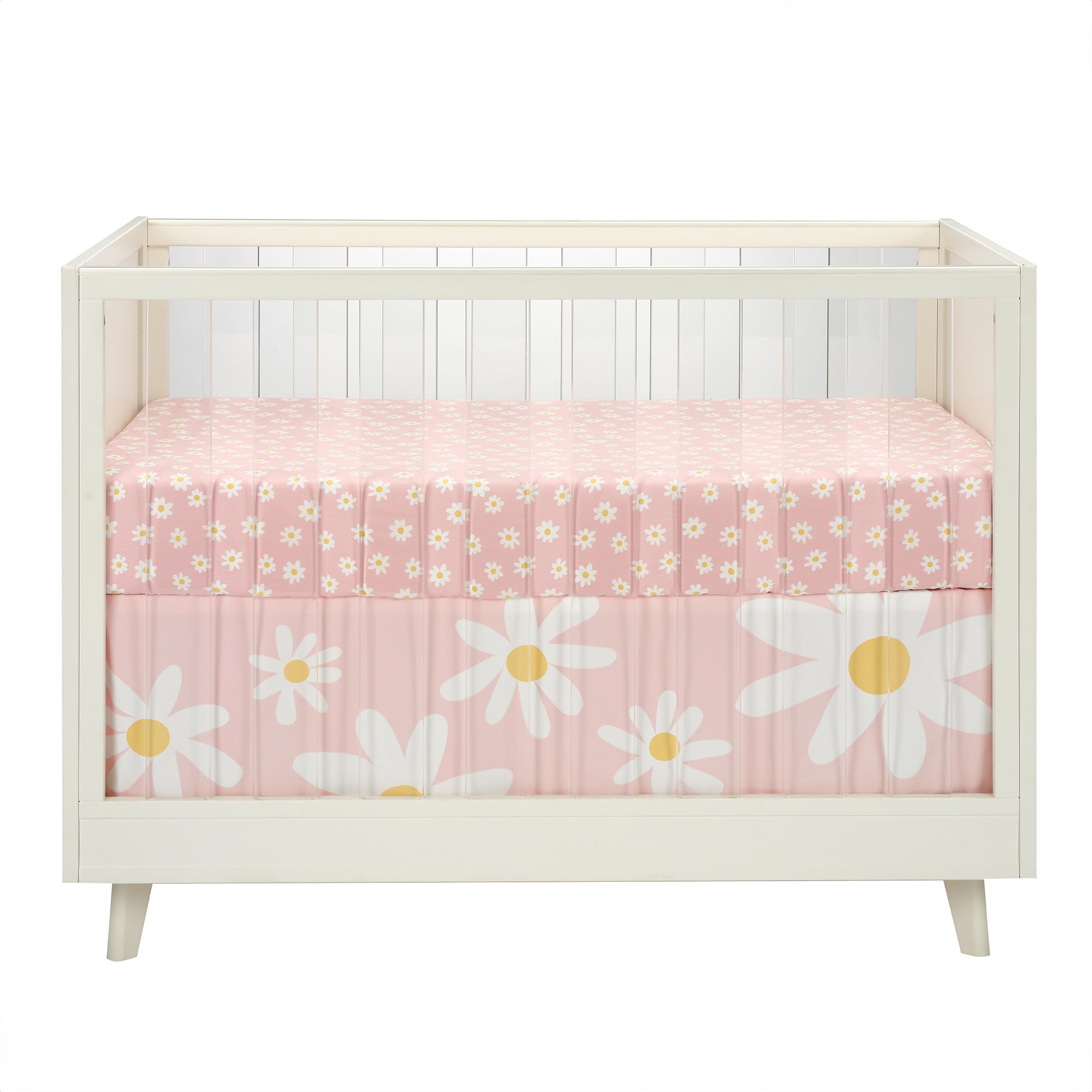 Lambs & Ivy Daisy Dreams machine-washable sheet simplifies nursery laundry.