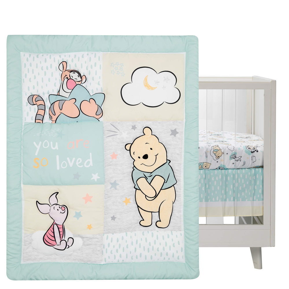 Lambs & Ivy Winnie the Pooh Hugs fitted sheet provides a snug crib fit