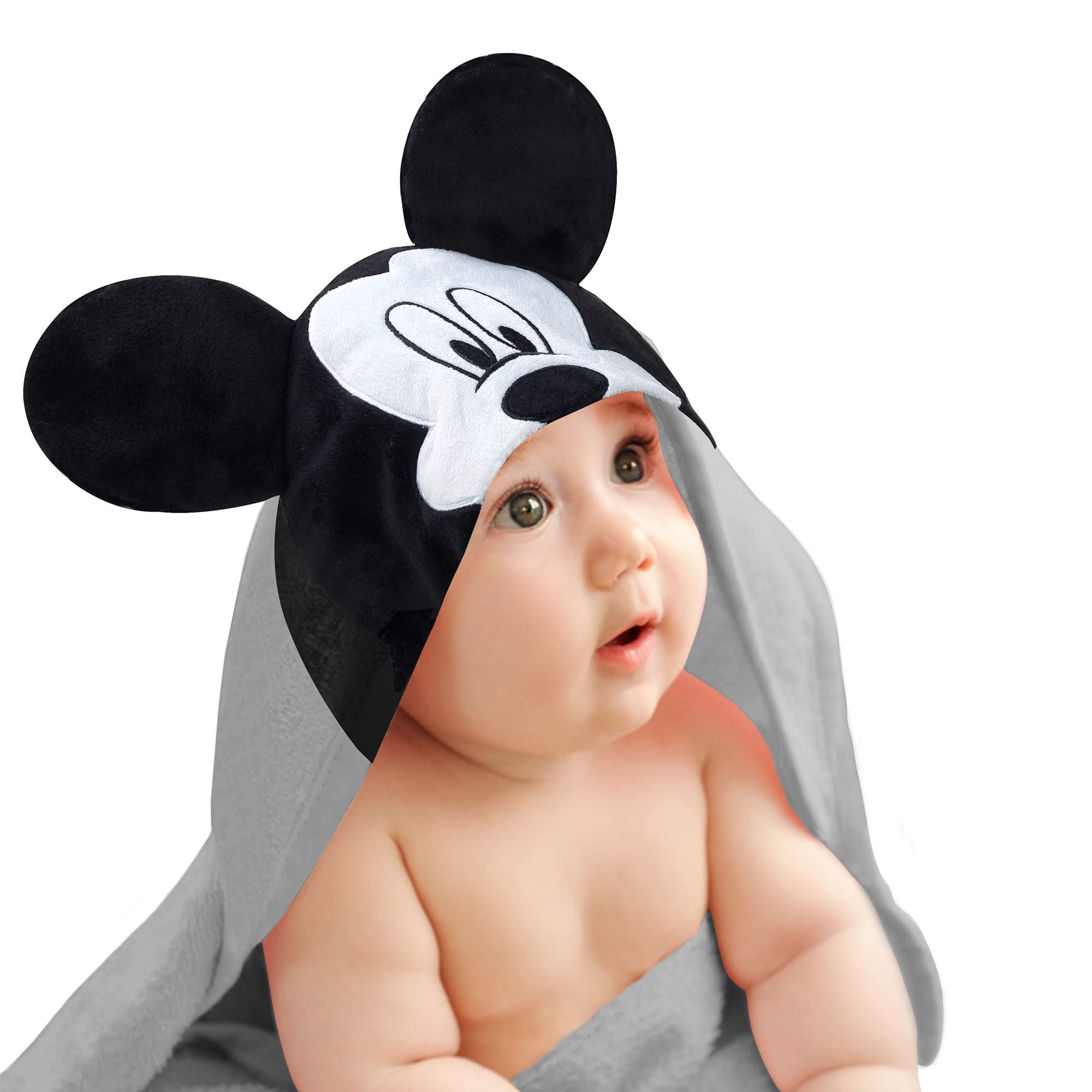 Lambs & Ivy Disney Mickey hooded towel product shot shows soft terry and gray hood.