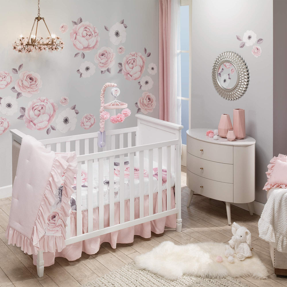 Lambs & Ivy Floral Garden pink linen crib skirt, split corners for easy placement around posts.