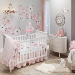 Lambs & Ivy Floral Garden pink linen crib skirt, split corners for easy placement around posts.