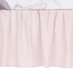 Lambs & Ivy Floral Garden pink linen crib skirt, side view, easy post fitting.
